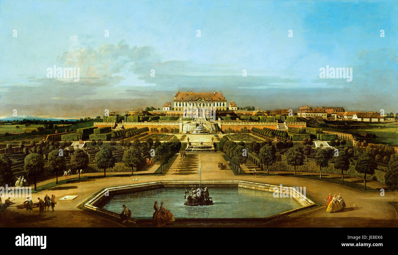Bernardo Bellottos Gemälde „Schloss Hof, Gartenseite“ zeigt die Gärten und Architektur des für seinen barocken Stil bekannten Schlosses Hof in Österreich. Stockfoto