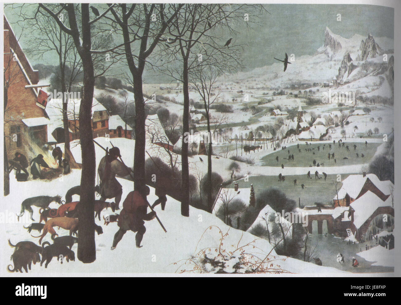 Gemälde von Pieter Bruegel dem Älteren mit dem Titel „Rückkehr der Jäger“, das Jäger zeigt, die nach einer Jagd zurückkehren. Das Werk fängt eine Winterlandschaft und den Alltag der Bauern im 16. Jahrhundert ein. Stockfoto