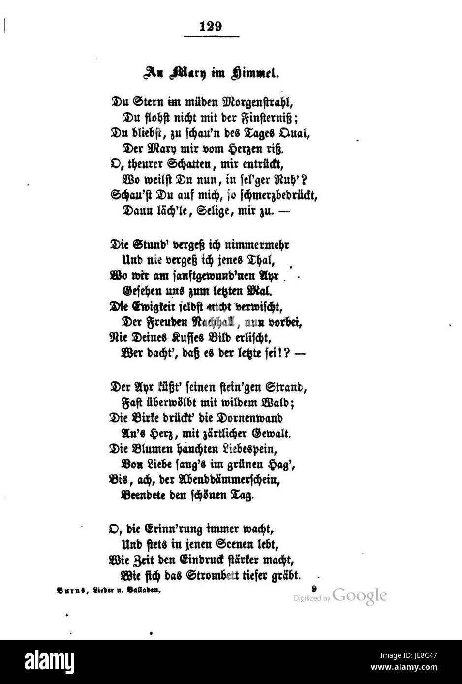 Das Werk Lieder und Balladen von Robert Burns besteht aus einer Sammlung von Gedichten und Liedern. Burns, ein schottischer Dichter, ist bekannt für seinen Einfluss auf die schottische Literatur, insbesondere durch seine Lyrik und Volkslieder. Stockfoto