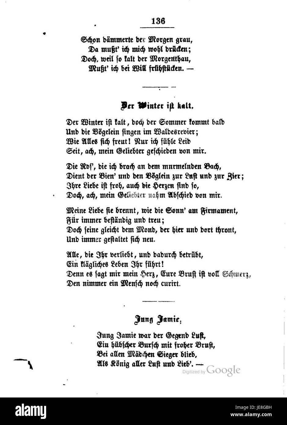 „Burns Lieder und Balladen 136“ bezieht sich auf eine bestimmte Seite oder Sammlung von Werken des renommierten schottischen Dichters Robert Burns, wobei er sich auf seine Lieder und Balladen konzentriert, die einen wesentlichen Teil des schottischen literarischen Erbes bilden. Stockfoto