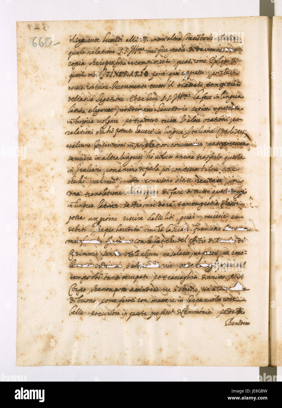 Dieses Manuskript, geschrieben von Giovanni Paolo Mucante, dokumentiert den Reiseplan des päpstlichen Legaten Henryk Gaetano. Sie bietet historische Einblicke in die Bewegungen und Aktivitäten des päpstlichen Gesandten. Stockfoto