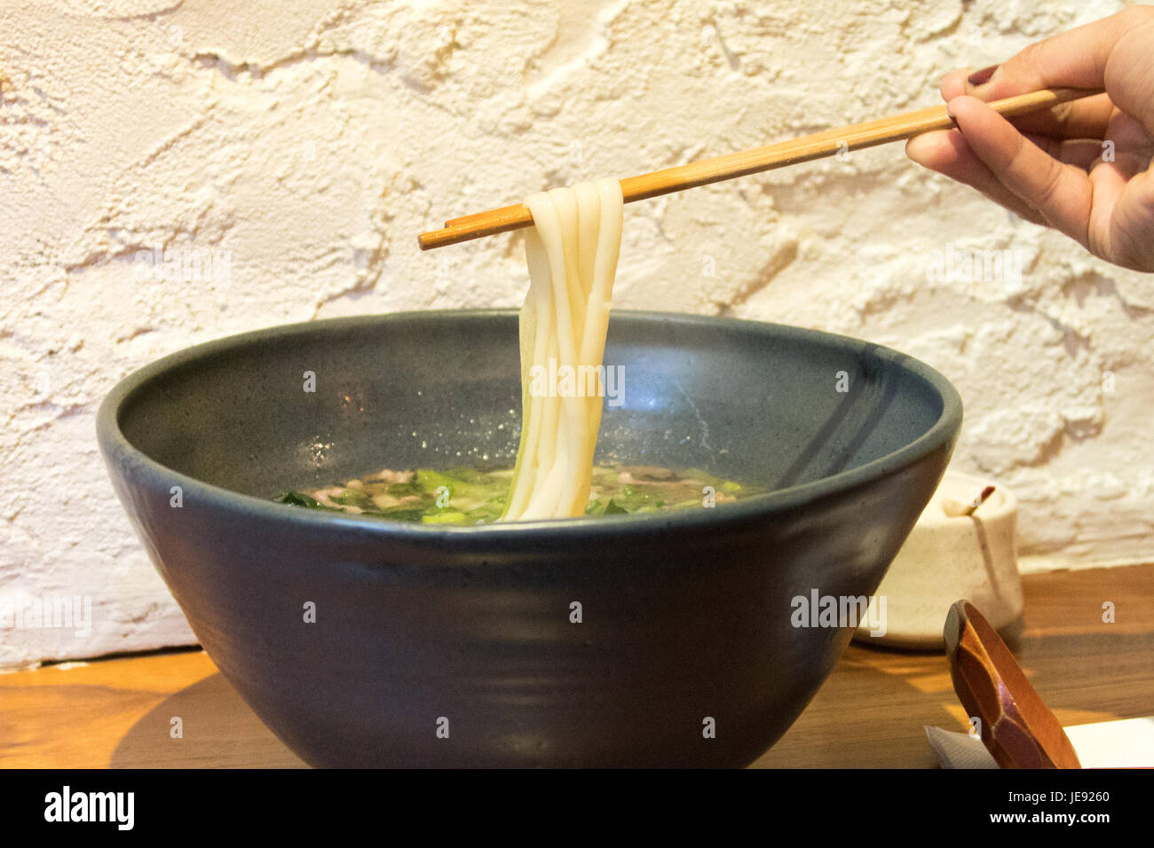Gyunan Udon, Washugyu Rindfleisch und Tokio Negi, Raku japanische Udon-ya Restaurant, East Village, Manhattan, New York City Stockfoto