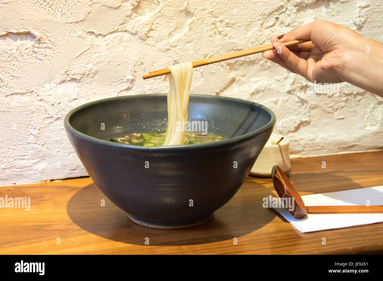 Gyunan Udon, Washugyu Rindfleisch und Tokio Negi, Raku japanische Udon-ya Restaurant, East Village, Manhattan, New York City Stockfoto