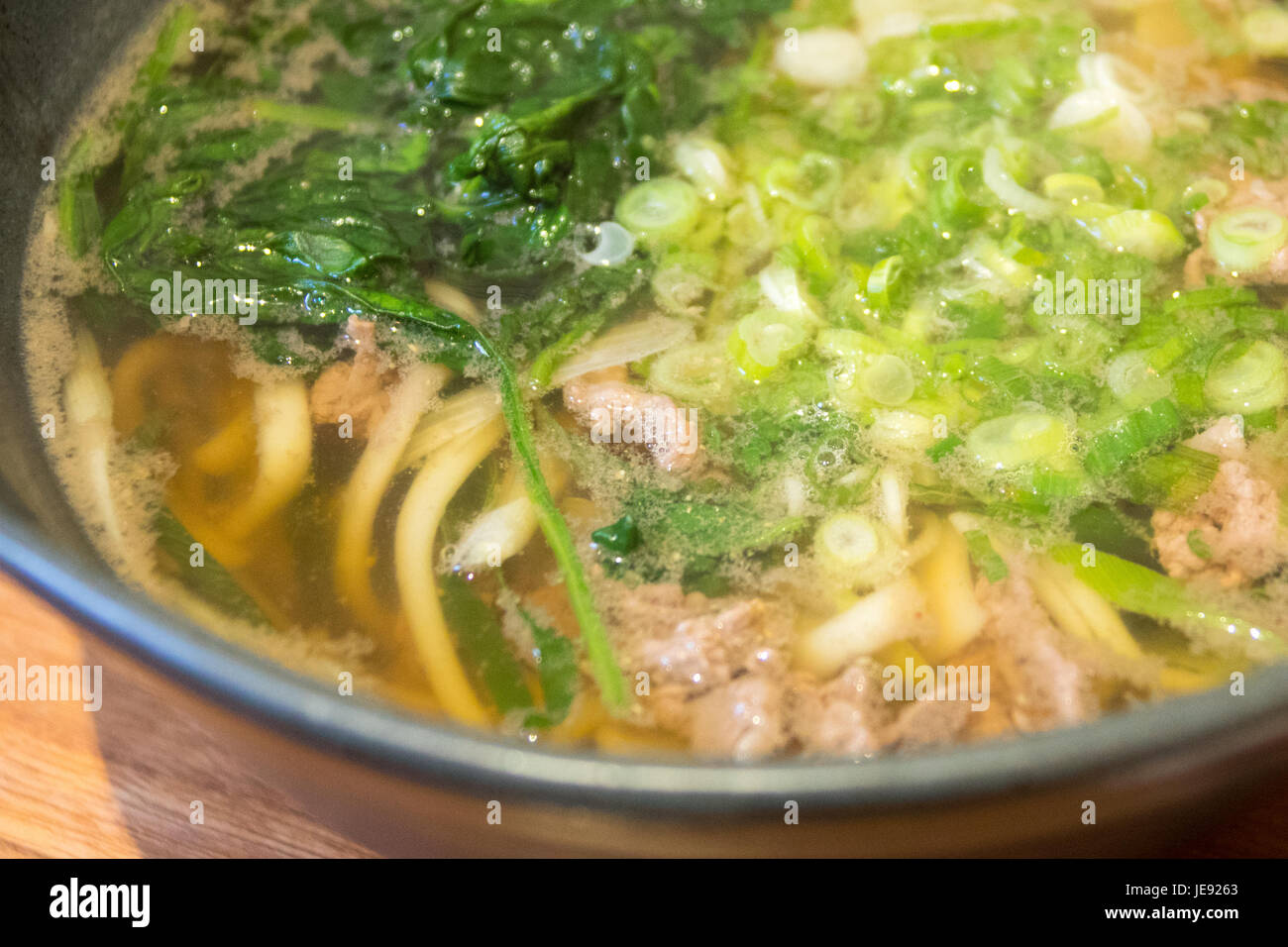 Gyunan Udon, Washugyu Rindfleisch und Tokio Negi, Raku japanische Udon-ya Restaurant, East Village, Manhattan, New York City Stockfoto