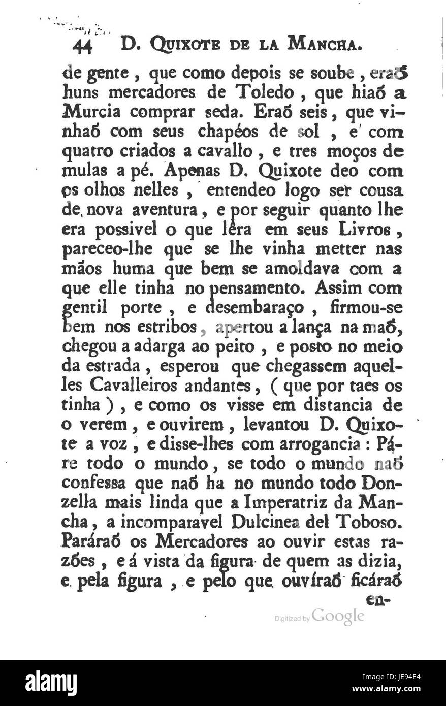 Don Quixote de la Mancha ist ein klassischer spanischer Roman von Miguel de Cervantes. Diese spezielle Seite von Teil 1, Seite 56, führt die Geschichte des Ritterverbrechers Don Quijote und seiner Abenteuer fort. Stockfoto