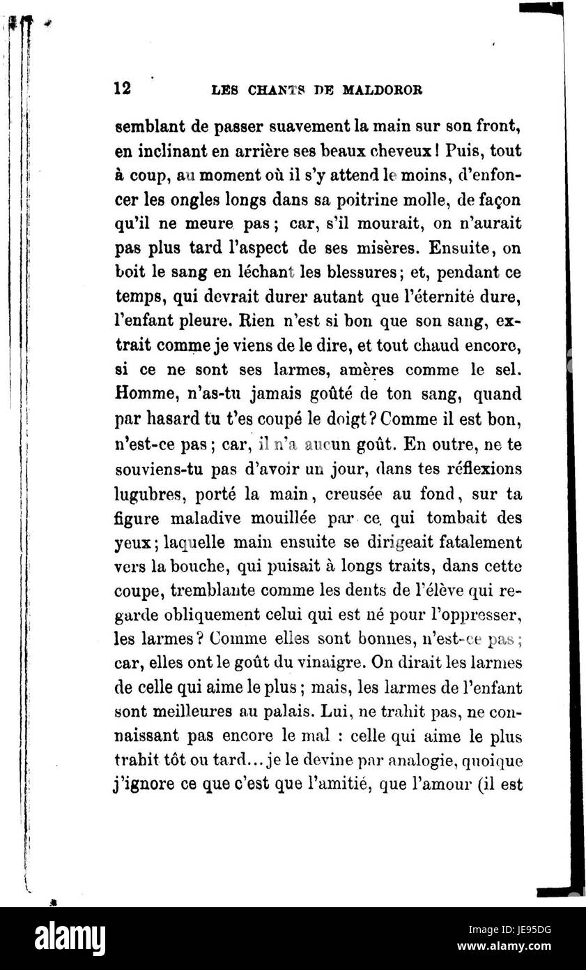 Die erste Ausgabe von Chants de Maldoror, einem surrealistischen literarischen Werk des französischen Schriftstellers Comte de Lautréamont. Das Werk ist bekannt für seine dunkle, poetische Bildsprache und seine unkonventionelle Struktur. Stockfoto