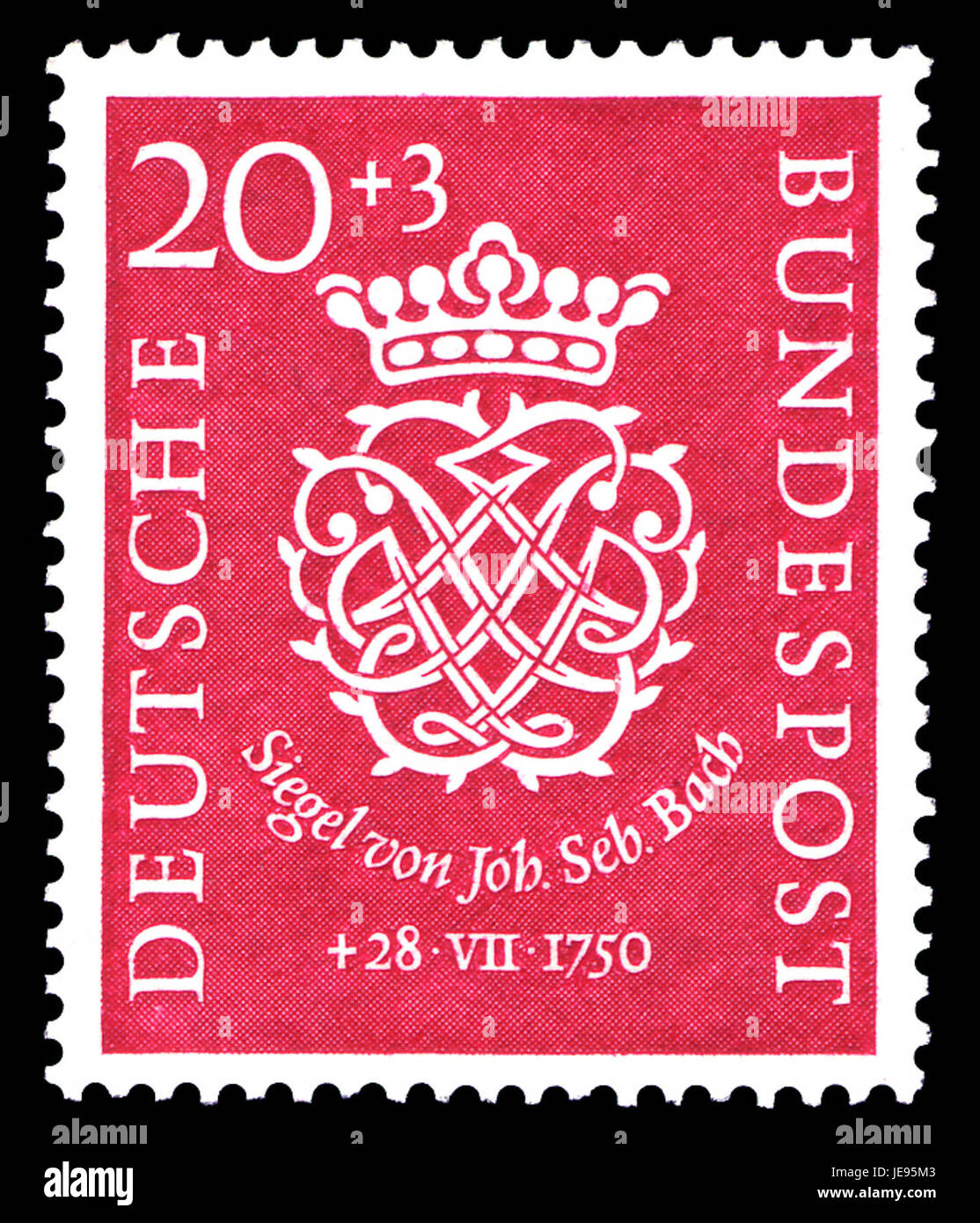 Der „DBP 1950 122 Bachsiegel“ bezieht sich auf eine 1950 von der Deutschen Bundespost ausgegebene Freimarke, die das Erbe des Komponisten Johann Sebastian Bach feiert. Der Stempel zeigt eine künstlerische Darstellung von Bachs Bild und Musikbeiträgen. Stockfoto
