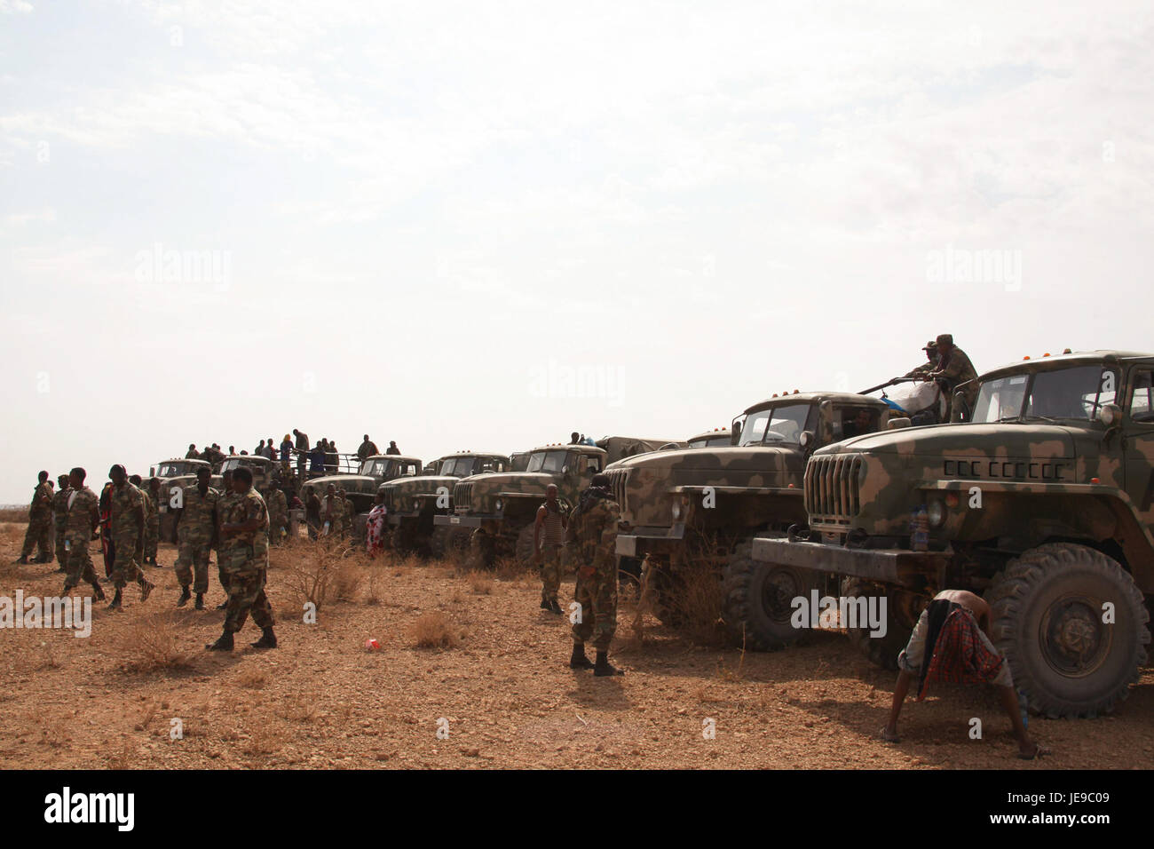 Eine Fotografie, die die Ankunft der Äthiopischen National Defense Force (ENDF) in BeletWeyne, Somalia, am 13. Februar 2014 zeigt. Der ENDF wurde im Rahmen der Friedenssicherungsbemühungen in der Region eingesetzt. Stockfoto