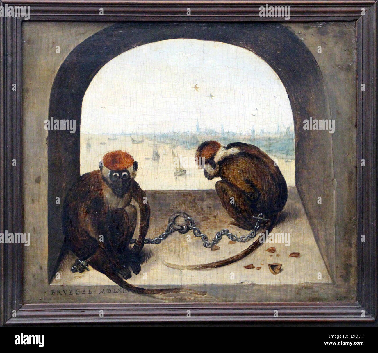 Dieses Gemälde von Pieter Bruegel dem Älteren mit dem Titel „Due Scimmiette Incatenate“ (zwei angekettete Affen) aus dem Jahr 1562 zeigt zwei Affen in Gefangenschaft. Bruegel ist bekannt für seine detaillierten Darstellungen der menschlichen Natur und erforscht Themen der Gefangenschaft und des menschenähnlichen Verhaltens bei Tieren. Stockfoto