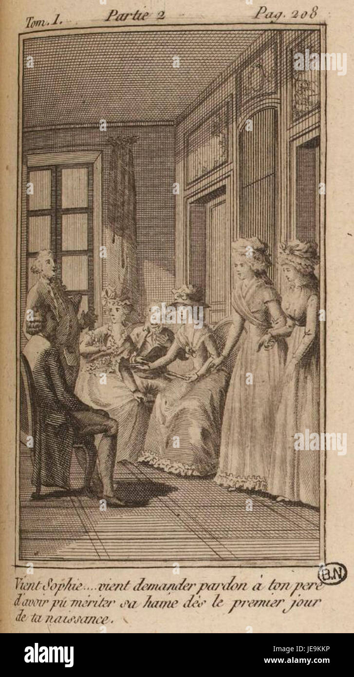 Aline et Valcour ist ein philosophischer Roman von Jacques-Henri Bernardin de Saint-Pierre. Dieser Abschnitt (T1-part2-p208) beschäftigt sich mit Themen der Liebe, der Natur und der menschlichen Moral und veranschaulicht die Komplexität menschlicher Emotionen im Kontext des Denkens der Aufklärung des 18. Jahrhunderts. Stockfoto