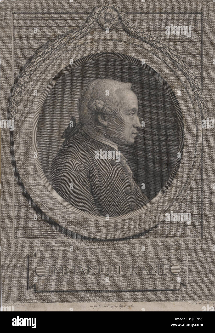 Das 1791 entstandene Porträt von Immanuel Kant von Johann Friedrich Bause ist eine berühmte Darstellung des renommierten Philosophen. Das Original befindet sich in der Staatsbibliothek zu Berlin. Stockfoto