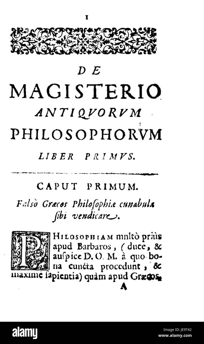 Das 1684 erschienene Werk „de magisterio antiquorum philosophorum“ von Cozzando erforscht die Lehren der antiken Philosophen und trägt zur philosophischen Literatur bei. Stockfoto