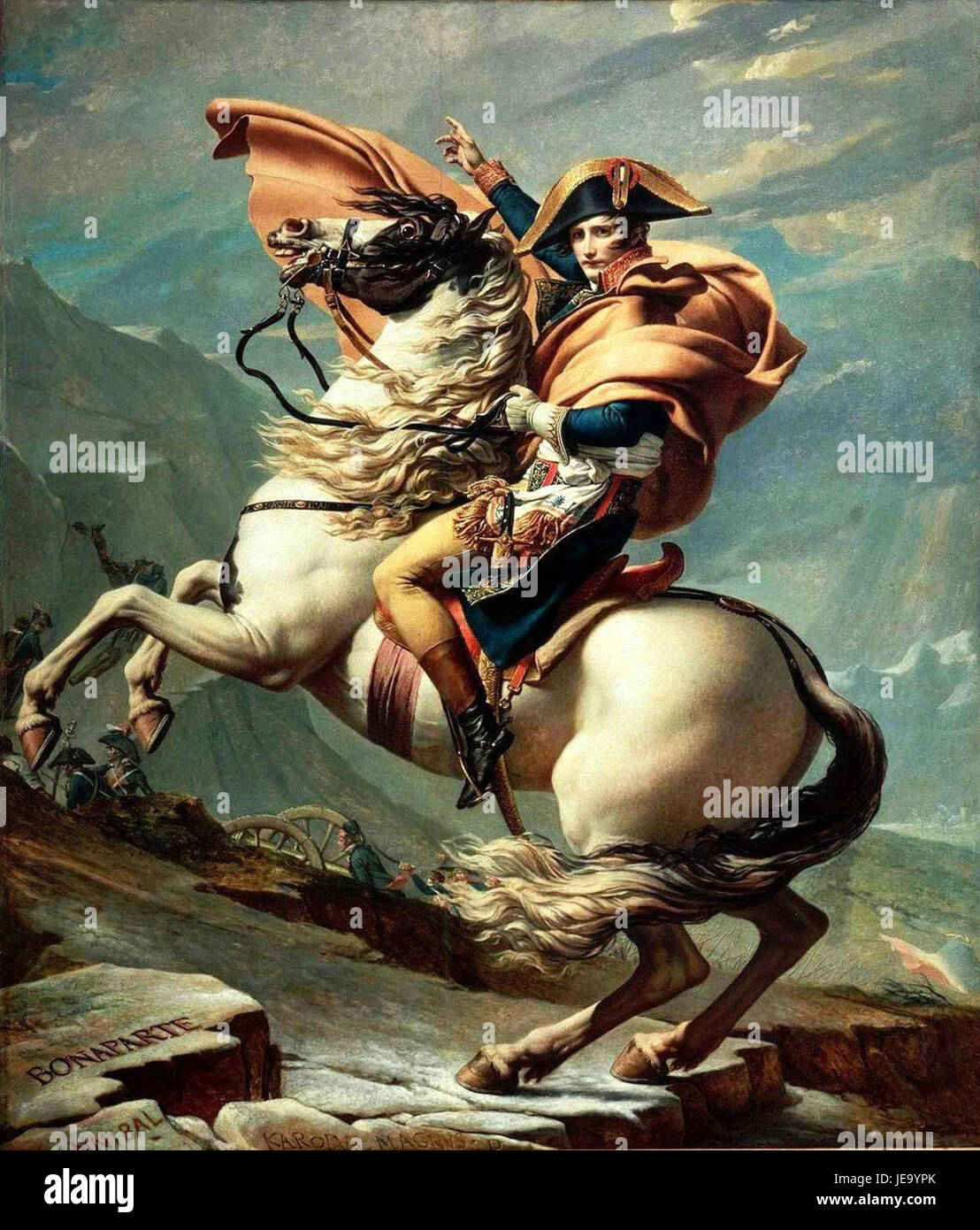 „Napoleon Crossing the Alps“ ist ein berühmtes Gemälde von Jacques-Louis David, das Napoleon Bonaparte zeigt, der seine Armee über die Alpen führt. Dieses ikonische Kunstwerk zeigt Napoleons Entschlossenheit und Führung, mit dramatischer Landschaft und einem Schwerpunkt auf seinem heldenhaften Bild. Es ist eine bedeutende Darstellung der französischen Geschichte während der napoleonischen Ära. Stockfoto
