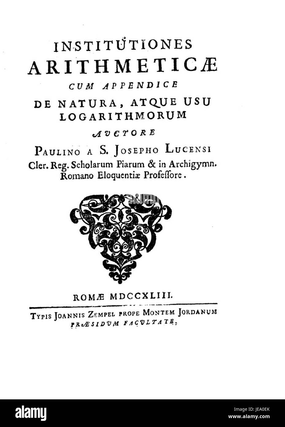 Dieses Bild zeigt die 1743 erschienene Publikation Institutiones Arithmeticae von Chelucci, eine bedeutende Arbeit über Arithmetik und die Verwendung von Logarithmen. Das Buch enthält einen Anhang über die Art und Anwendung von Logarithmen in mathematischen Berechnungen. Stockfoto
