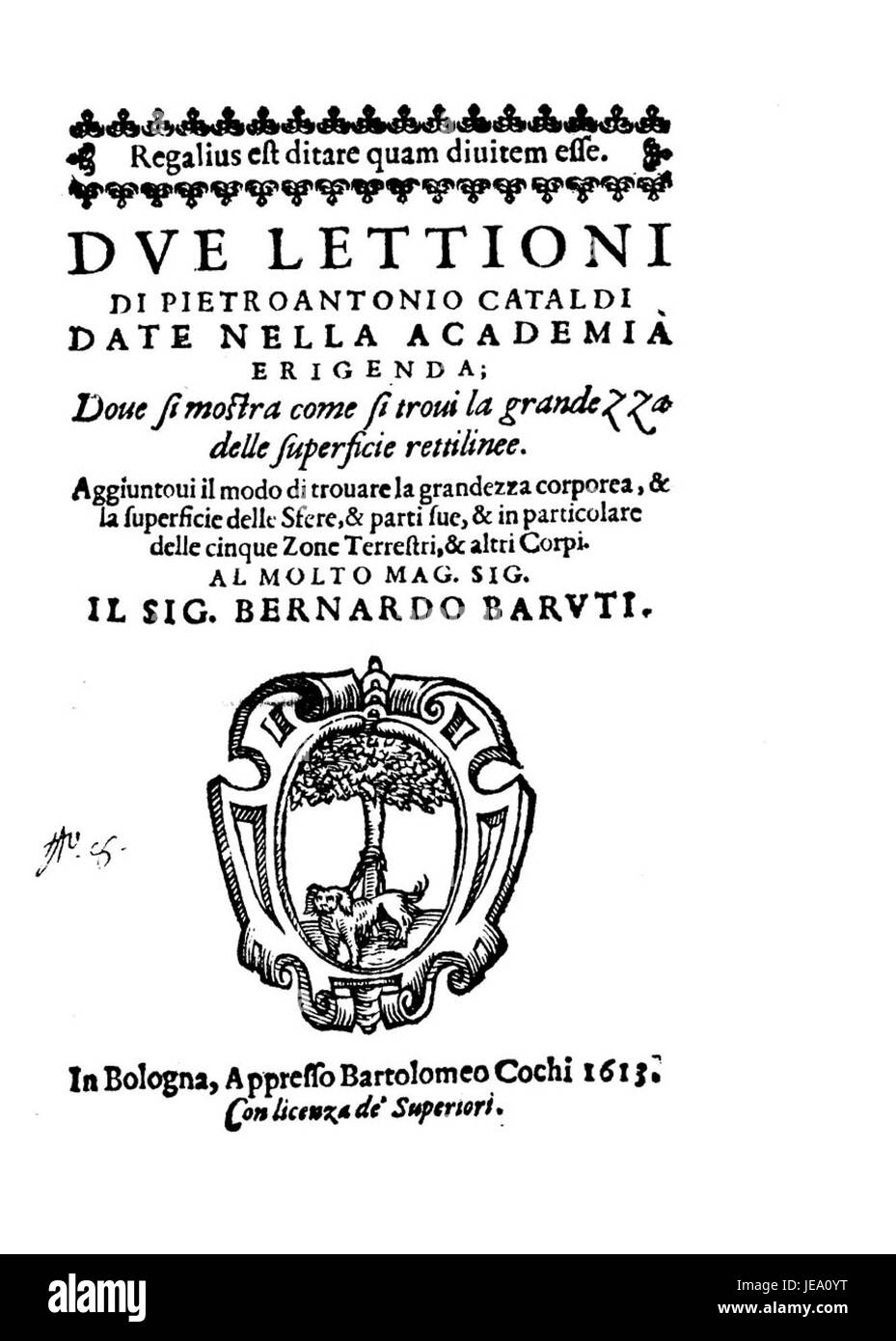 Eine Arbeit von Cataldi aus dem Jahr 1613 mit dem Titel „Due lettioni“, in der Methoden zur Berechnung der Fläche gerader Flächen in der Geometrie demonstriert werden, ein wichtiger Beitrag zur mathematischen Ausbildung. Stockfoto