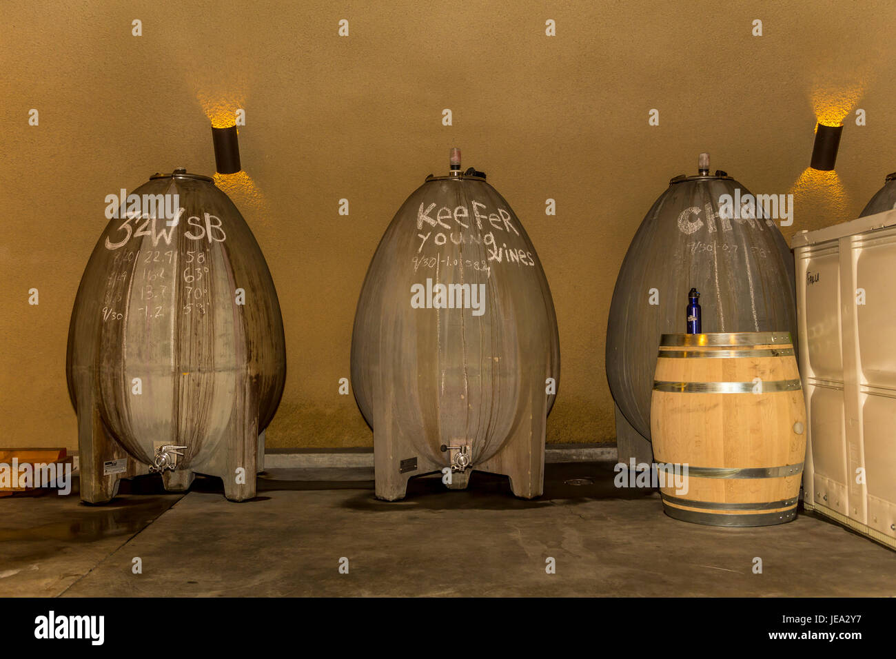 Ei-förmige Wein Tank, Weingärung, Gärung Bereich, St. Helena, Napa Valley, Failla Winery, Napa County, Kalifornien Stockfoto