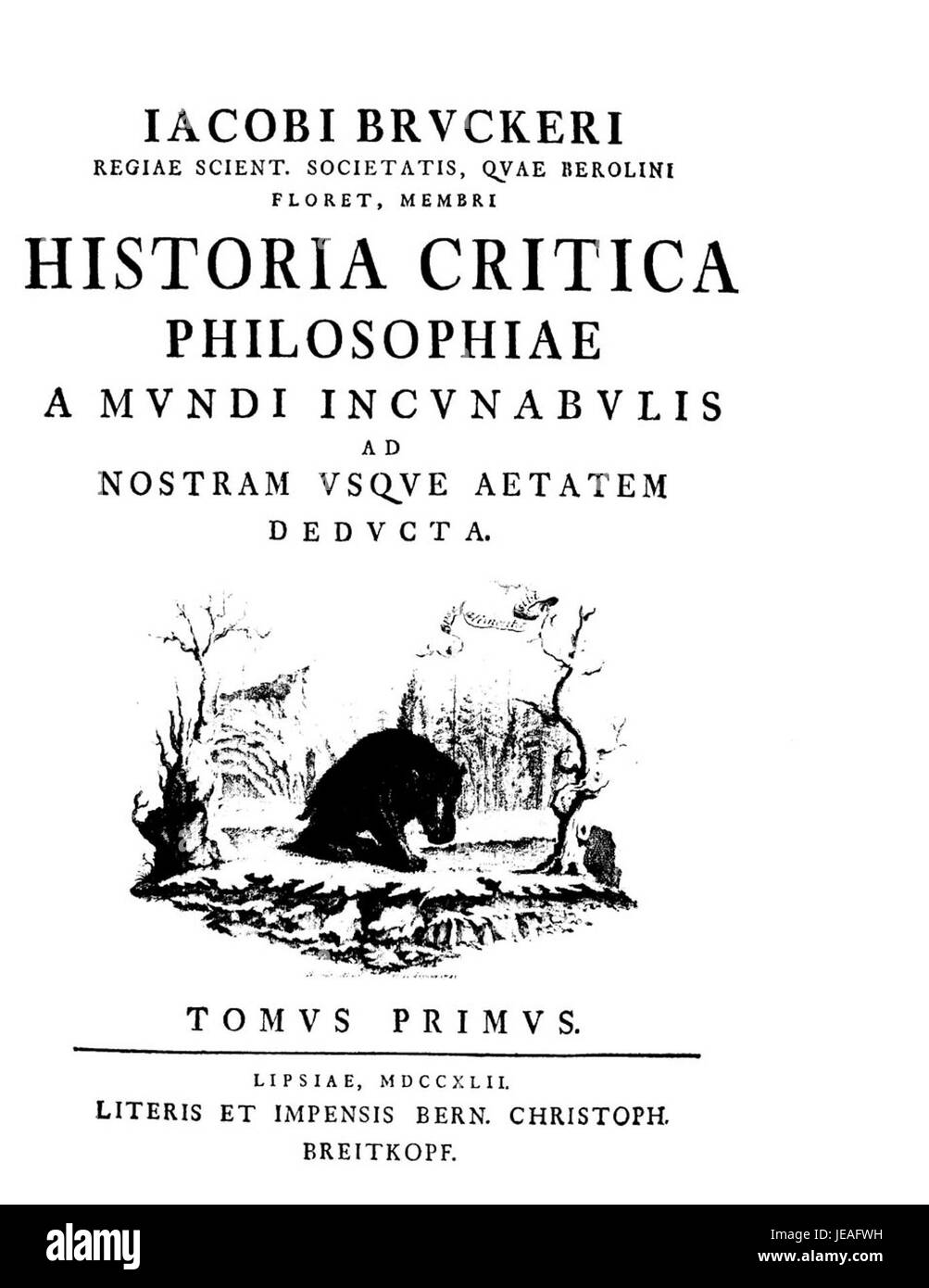 Diese kritische Geschichte der Philosophie von Brucker zeichnet die Entwicklung des philosophischen Denkens von seinen Anfängen bis in die Moderne nach und deckt Schlüsselfiguren und Bewegungen der westlichen Philosophie ab. Stockfoto