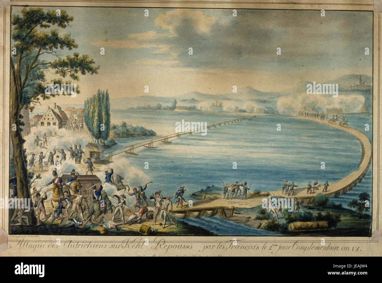 Die Schlacht bei Kehl fand am 13. September 1796 während der Französischen Unabhängigkeitskriege statt. Österreichische Truppen versuchten, der französischen Armee bei Kehl im heutigen Deutschland Widerstand zu leisten, wurden aber schließlich zum Rückzug gezwungen. Stockfoto