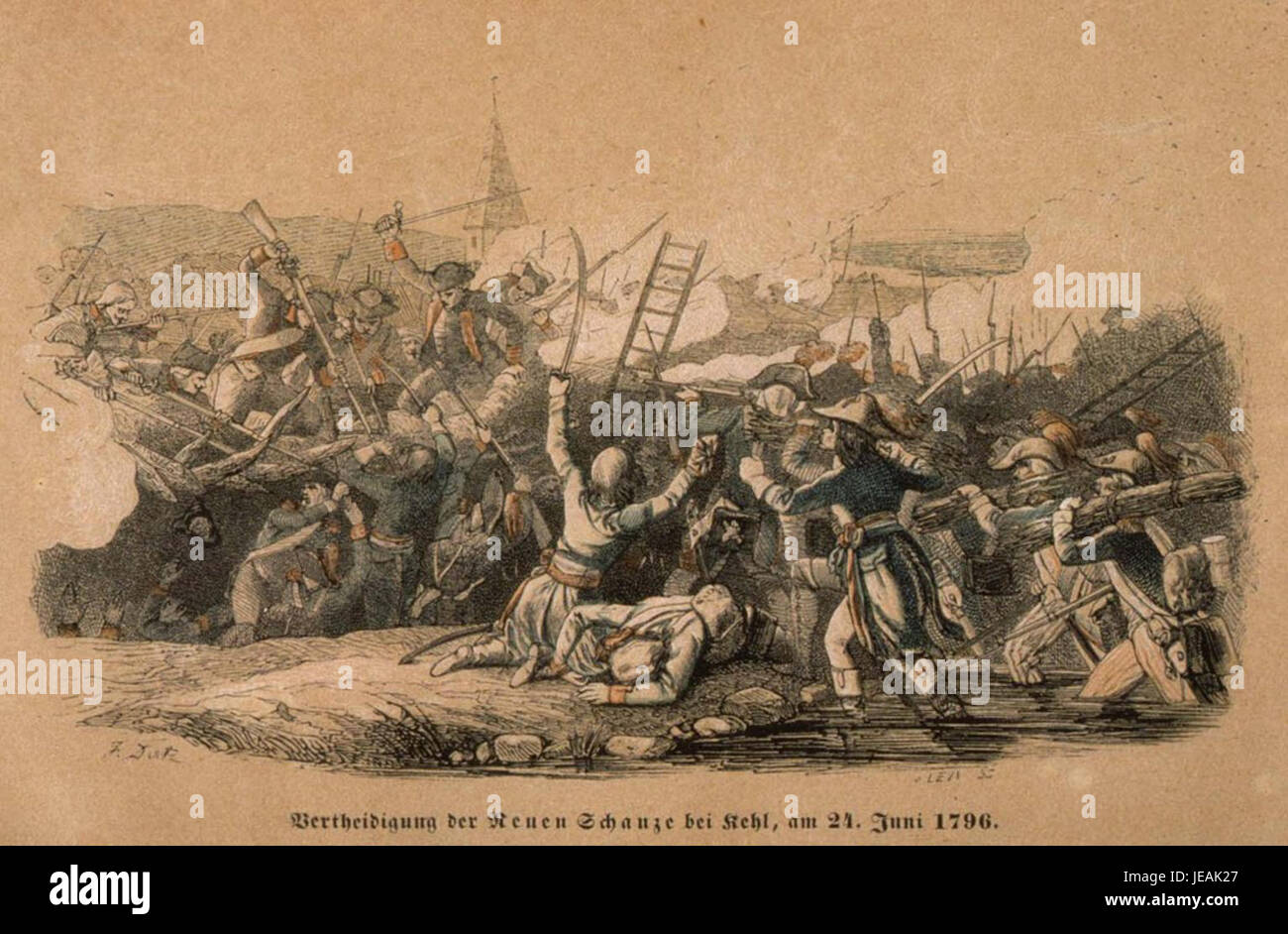 Ein historisches Ereignis, das den Angriff auf die neu errichtete Festung bei Kehl im Sommer 1796 beschreibt. Der Angriff fand während der Französischen Revolutionskriege statt und verdeutlichte die militärischen Strategien und Verteidigungstaktiken der damaligen Zeit. Stockfoto