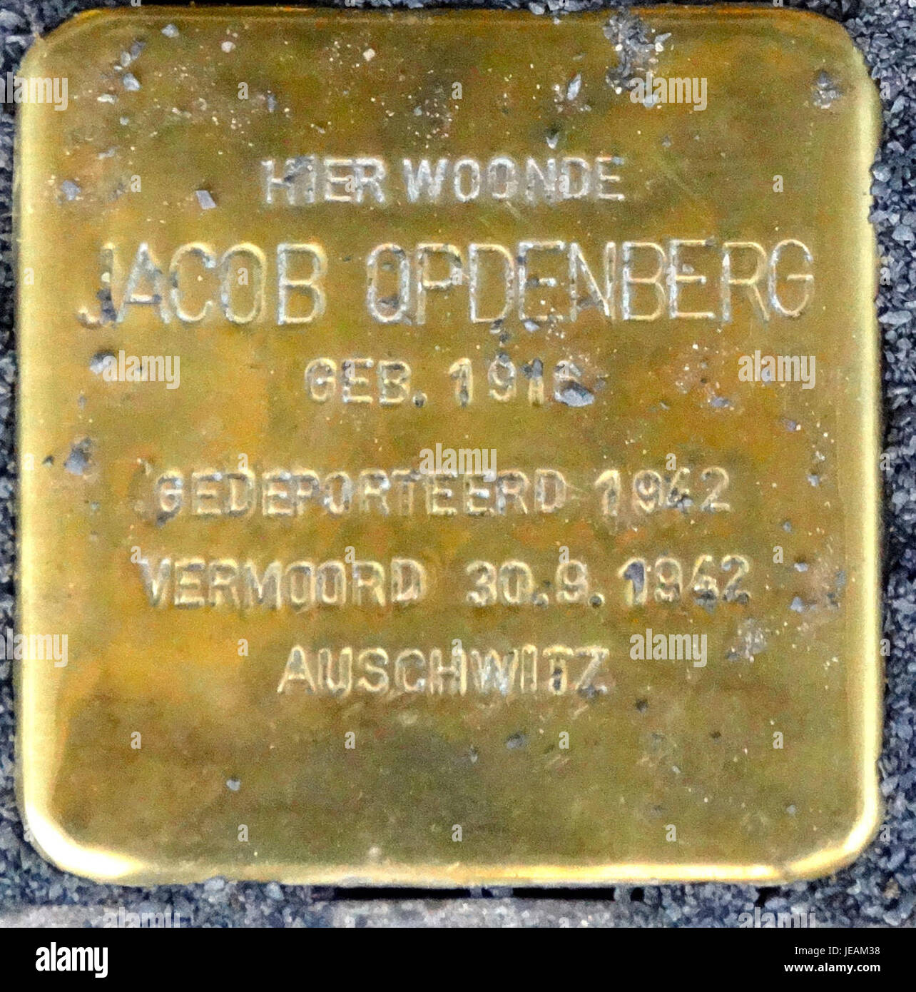 Ein Bild von Stolpersteinen auf der Handelsstraat 43 im Stadskanaal, Niederlande, zum Gedenken an die Opfer des Holocaust. Die Steine sind in den Bürgersteig als Gedenkstätten für Personen eingebettet, die während des Zweiten Weltkriegs ums Leben kamen Stockfoto