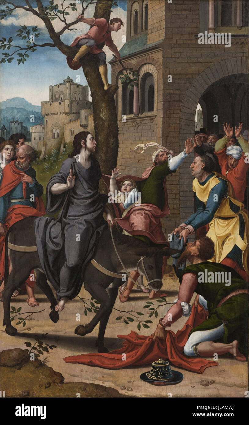 Pieter Coecke van Aelsts „Eintritt in Jerusalem“ zeigt die biblische Szene des triumphalen Eintritts Jesu in die Stadt. Das Gemälde fängt die emotionale Intensität des Augenblicks ein und unterstreicht die religiöse und historische Bedeutung des Ereignisses. Stockfoto
