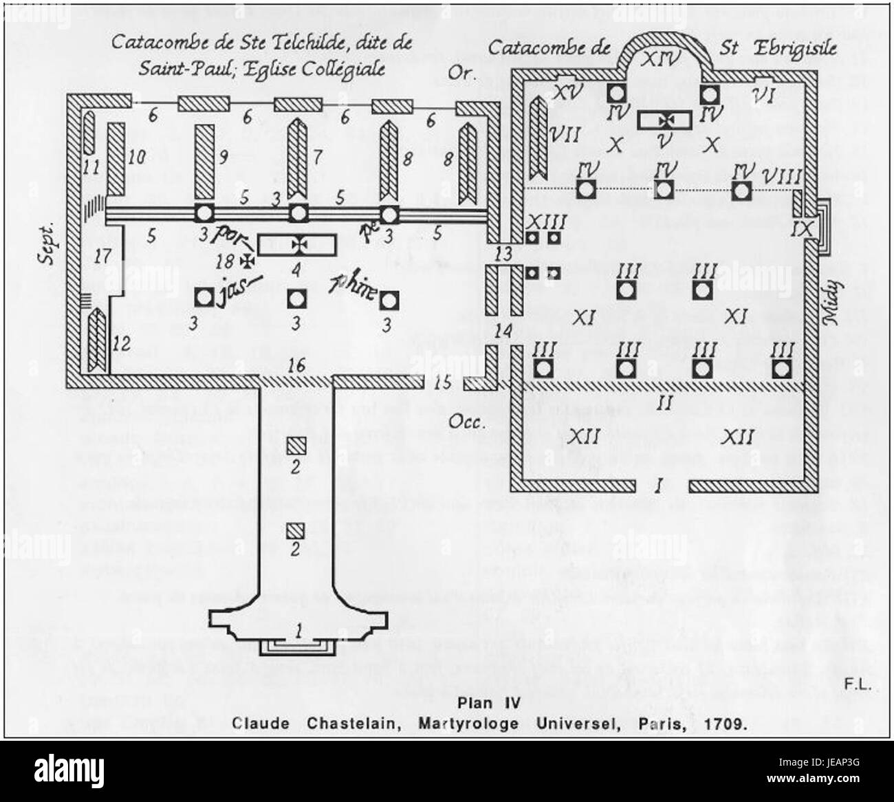 Ein detaillierter historischer Plan der Krypten von Jouarre, einer bedeutenden archäologischen Stätte in Frankreich, die für ihre frühchristlichen Grabstätten bekannt ist. Stockfoto