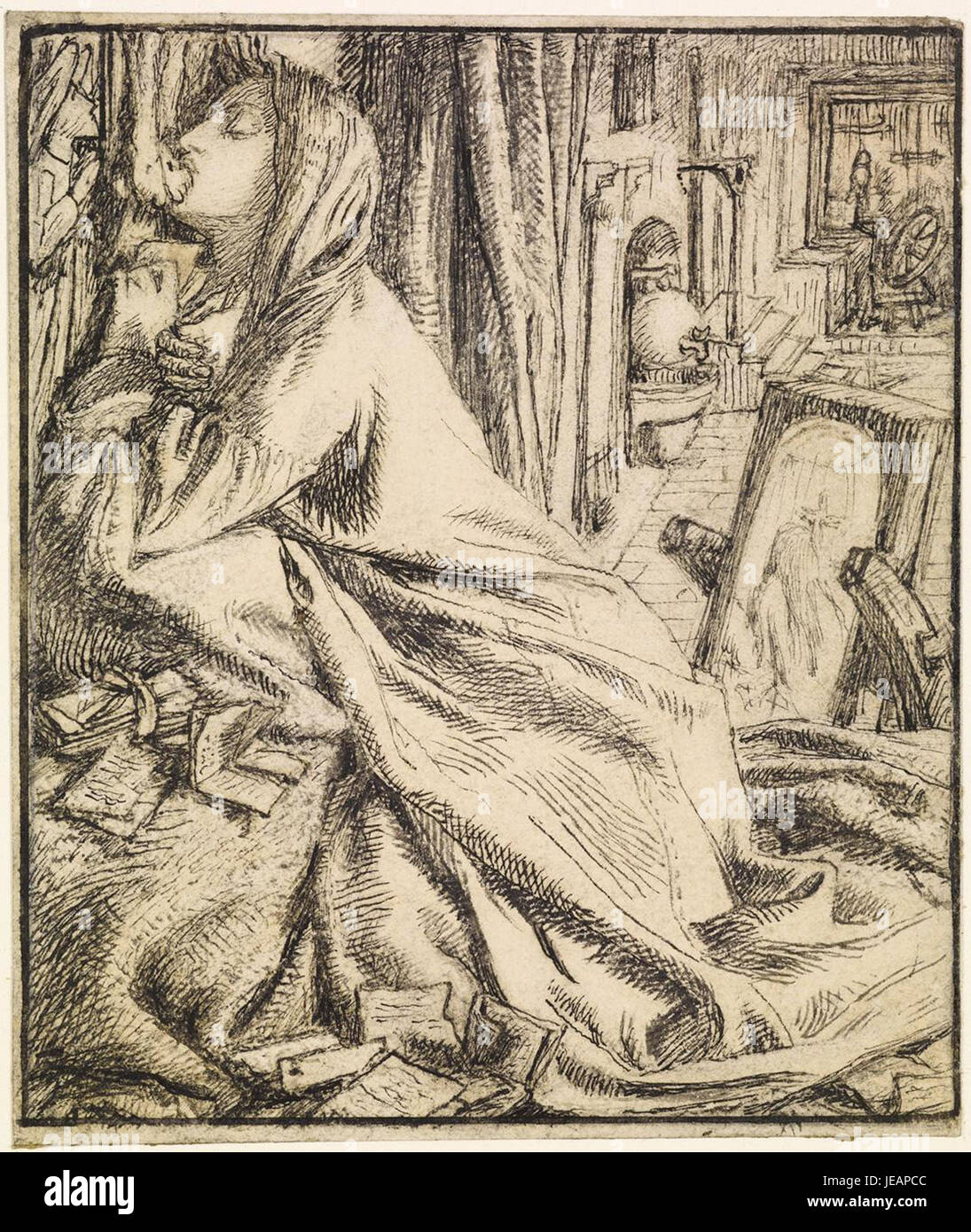 Dante Gabriel Rossetti Design für Moxons Tennyson zeigt „Mariana in the South“, eine Szene, die von Alfred, Lord Tennysons Gedicht, inspiriert wurde. Das Design veranschaulicht die melancholische Schönheit und emotionale Intensität des Protagonisten des Gedichts. Stockfoto