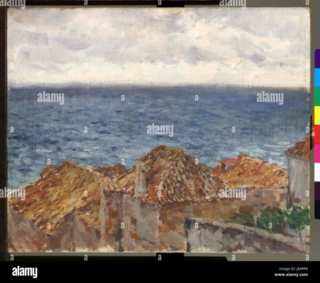 Antonin Slavicek (1870–1910) war ein tschechischer Maler, der für seine Werke im Impressionismus bekannt war. „More V Dubrovniku“ ist eines seiner bemerkenswerten Gemälde, das die Adria und Dubrovnik darstellt und die Schönheit der Küstenlandschaft einfängt. Stockfoto