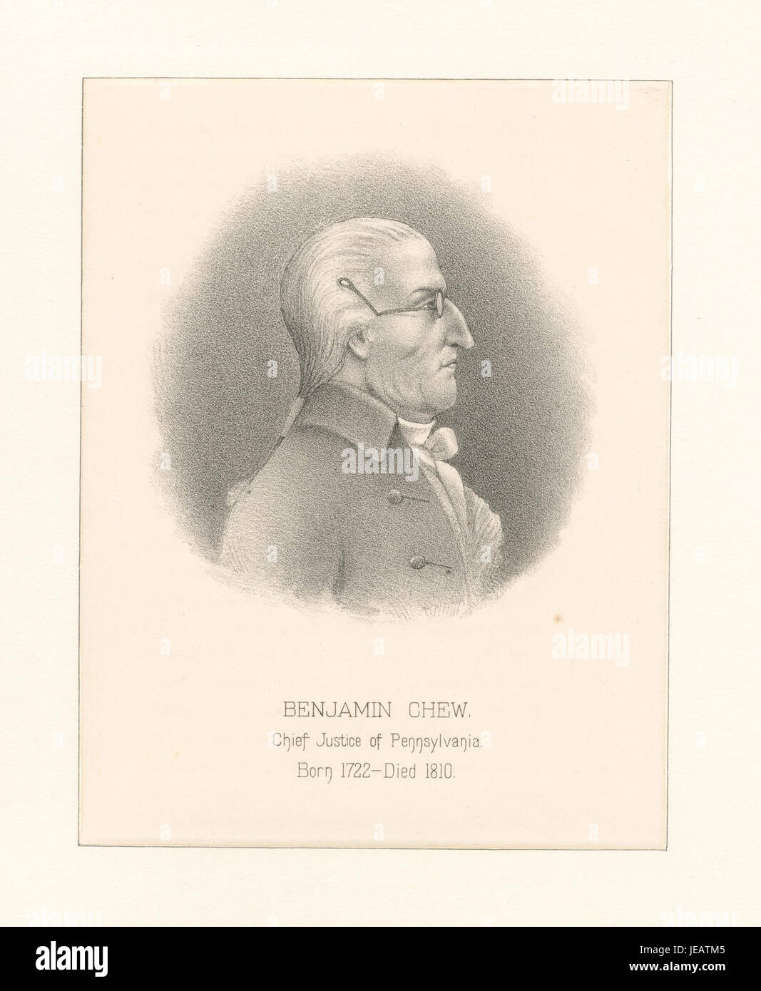 Benjamin Chew war Ende des 18. Jahrhunderts Chief Justice of Pennsylvania und diente als eine bedeutende Figur im frühen amerikanischen Recht und der Regierungsführung. Seine Rolle bei der Gestaltung rechtlicher Rahmenbedingungen ist für die US-Rechtsgeschichte von entscheidender Bedeutung. Stockfoto