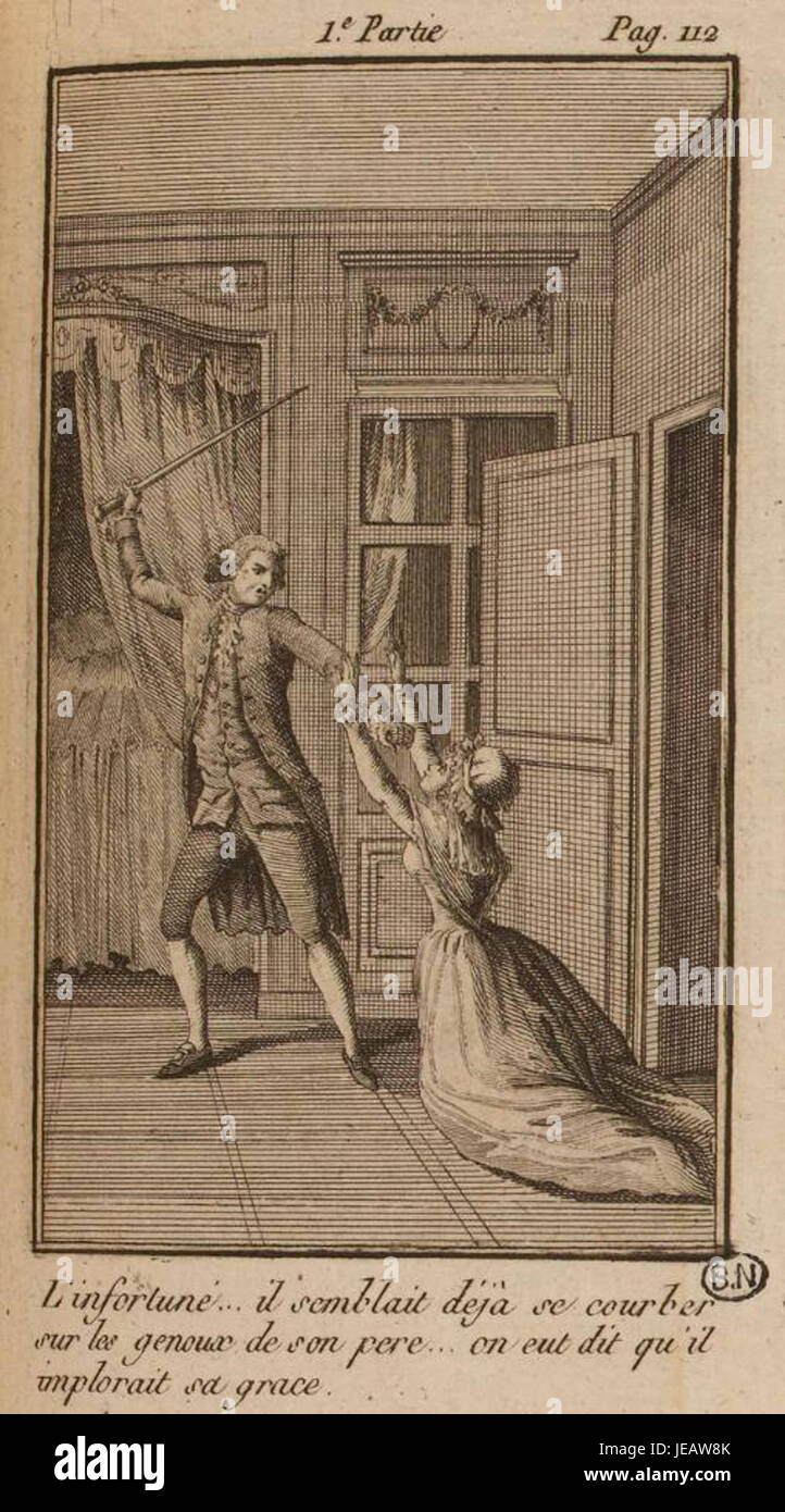 Eine Szene aus Aline et Valcour, einem französischen Roman von Jacques-Henri Bernardin de Saint-Pierre. Dieser Abschnitt fängt einen wichtigen Moment in der Handlung ein und konzentriert sich auf romantische und emotionale Themen. Stockfoto