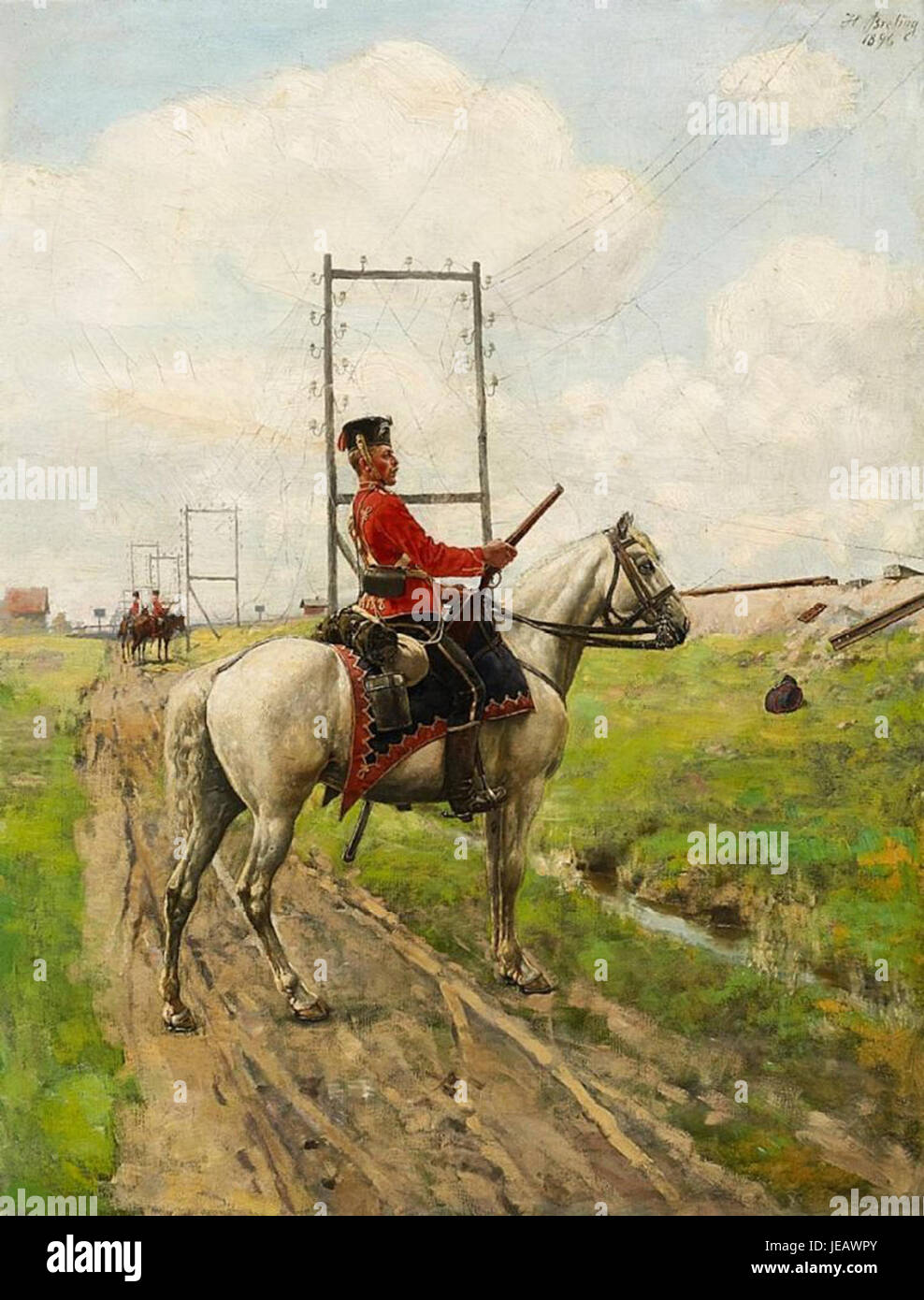 „Berittener Husar beim Eisenbahnbau“ von Heinrich Breling zeigt einen berittenen Soldaten (Husar) während des Bahnbaus im 19. Jahrhundert. Das Gemälde spiegelt die militärische und industrielle Entwicklung der historischen Periode wider. Stockfoto