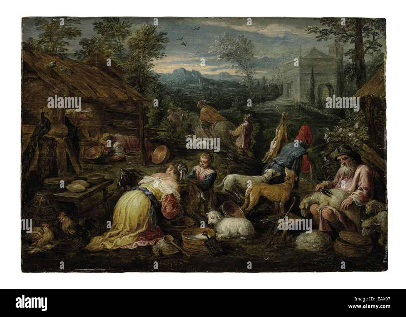 Dieses Kunstwerk ist ein Druck von David Teniers, basierend auf einem Gemälde von Bassano mit dem Titel „an Allegory of Spring“. Es zeigt symbolische Figuren, die die Themen Erneuerung und Blüte der Natur repräsentieren. Stockfoto