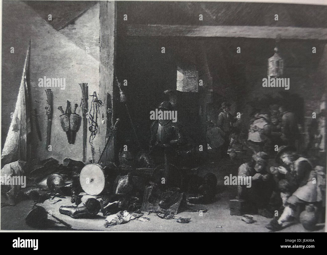 David Teniers das Gemälde „Wachzimmer mit rauchenden und kartenspielenden Soldaten“ zeigt Soldaten in einer entspannten Umgebung, die sich an Kartenspielen und Rauchen beteiligen. Das Gemälde fängt den Alltag des Militärs im 17. Jahrhundert mit satten Details und lebendigen Farben ein. Stockfoto