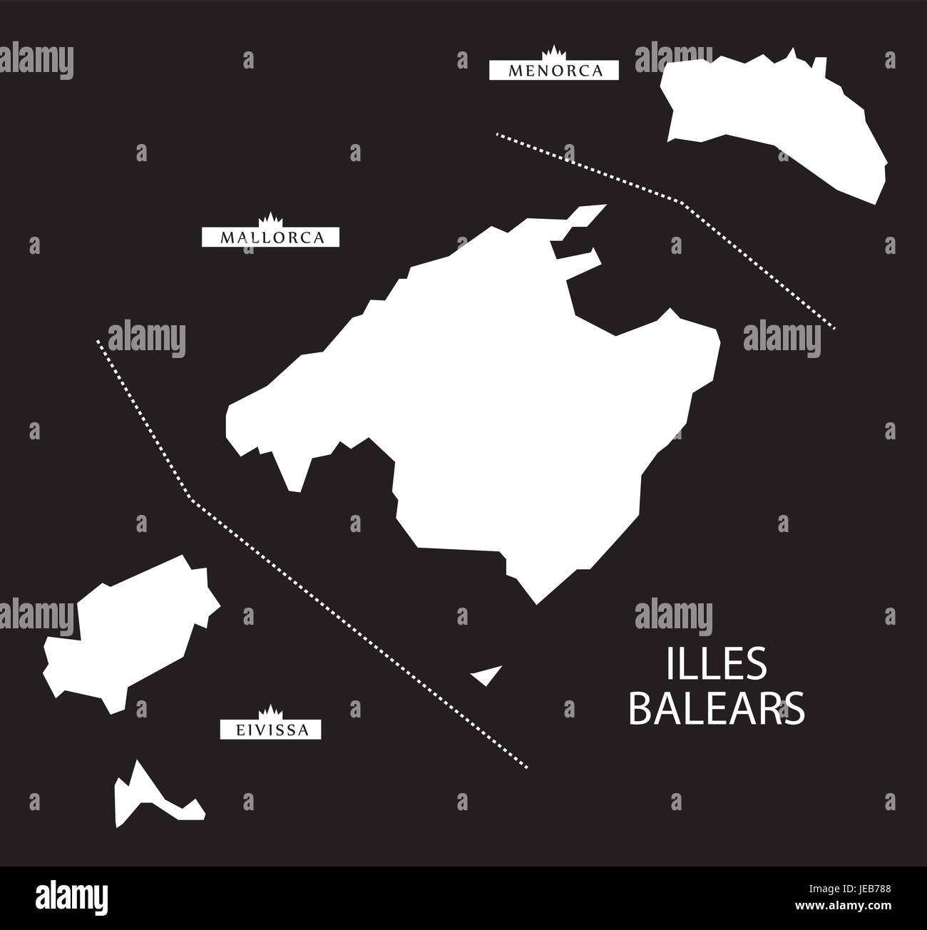 Illes Balears Spanien Karte schwarze Silhouette invertierte Darstellung Stock Vektor