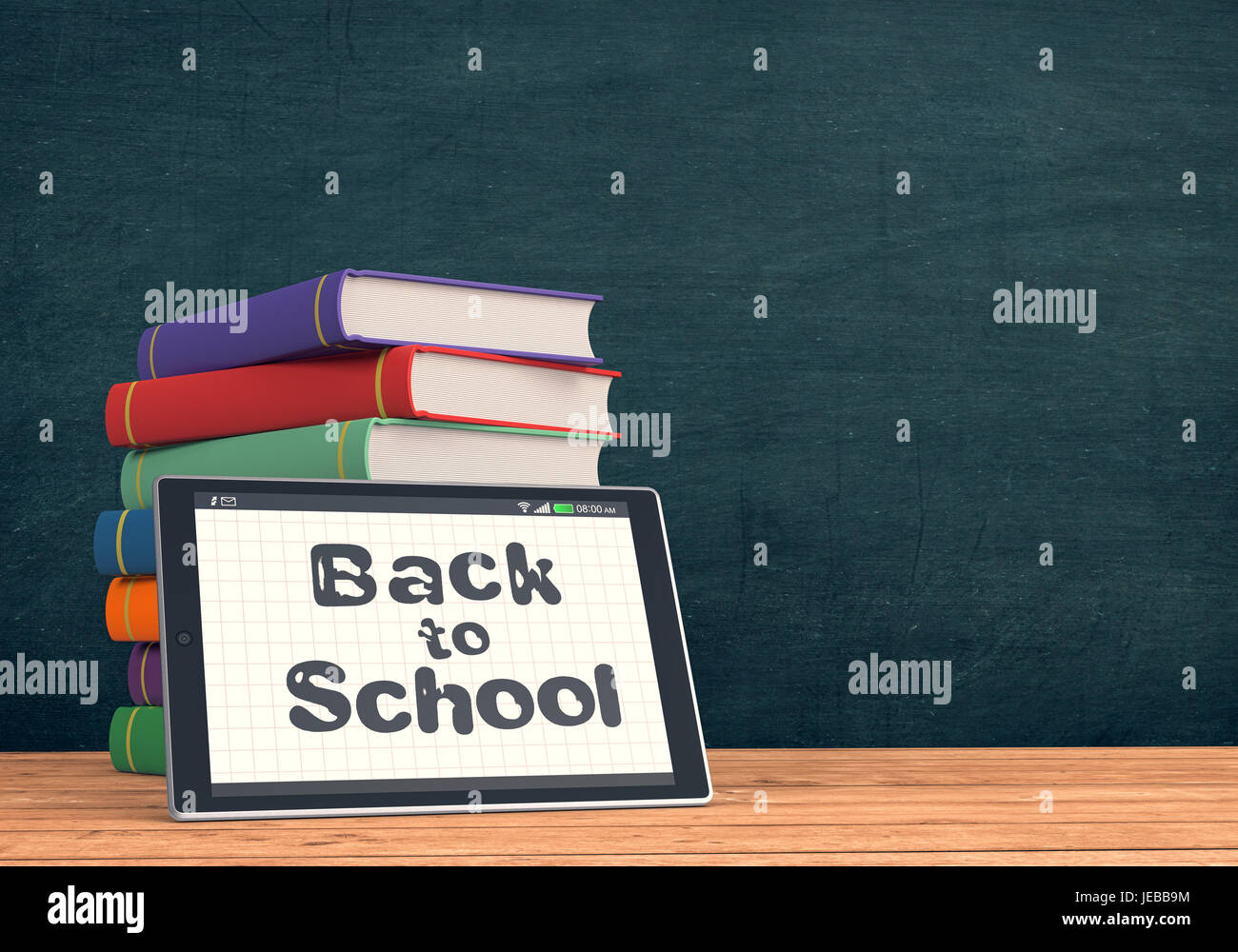 ein Tablet-pc mit Text: zurück in die Schule, eines Stapels von Buch und Tafel im Hintergrund mit dem leeren Raum (3d Render) Stockfoto