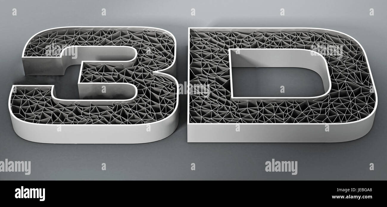 Bedruckte Mesh 3D Text auf grauem Hintergrund. 3D Illustration. Stockfoto