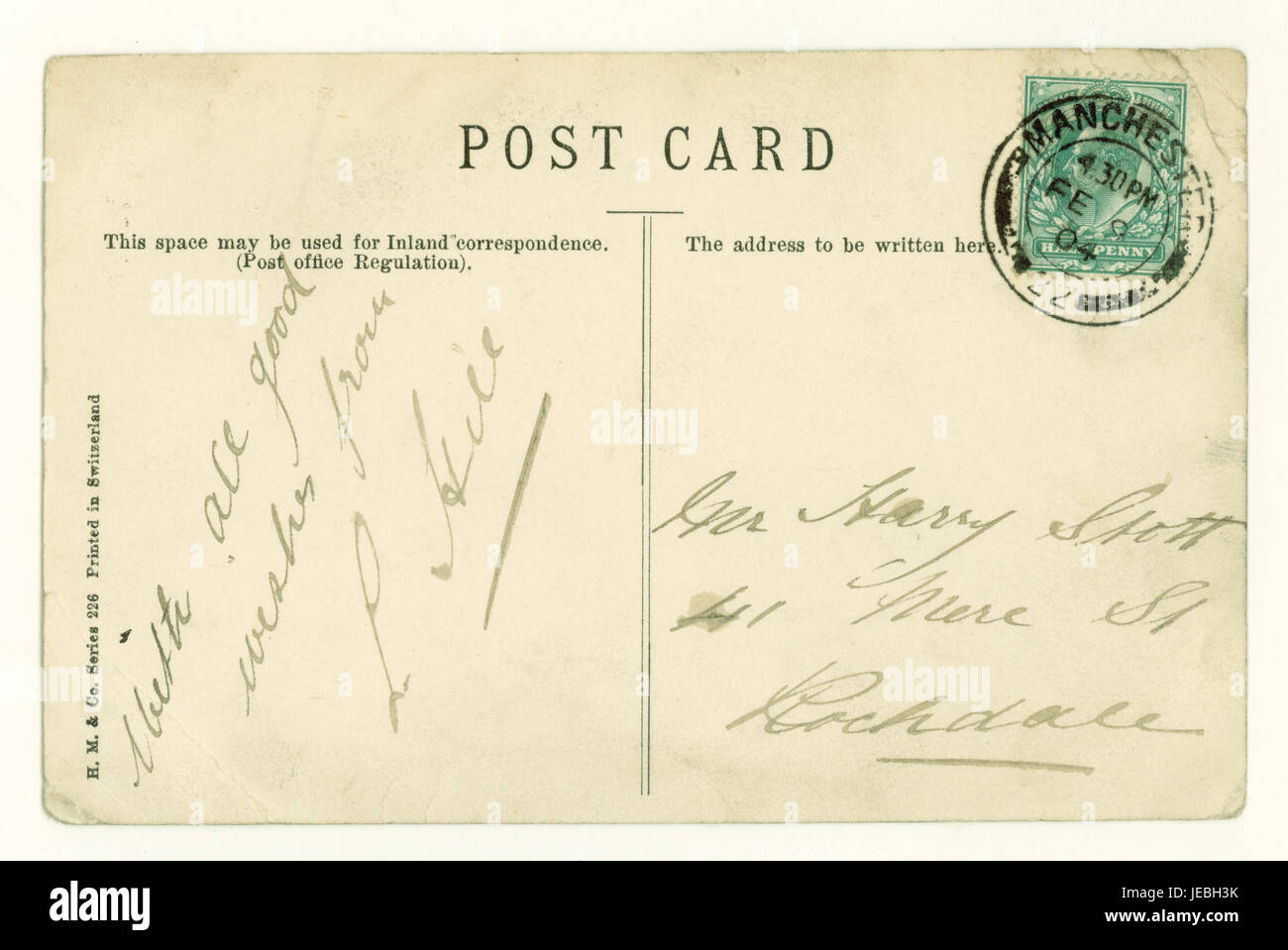 Umkehren der Postkarte veröffentlicht Februar 1904, Manchester Stockfoto