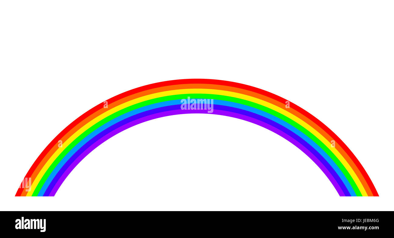 Regenbogen-Abbildung auf weißem Hintergrund. Regenbogen-Bands in den sieben Hauptfarben des Spektrums. Bogen in den Farben des sichtbaren Lichts. Stockfoto
