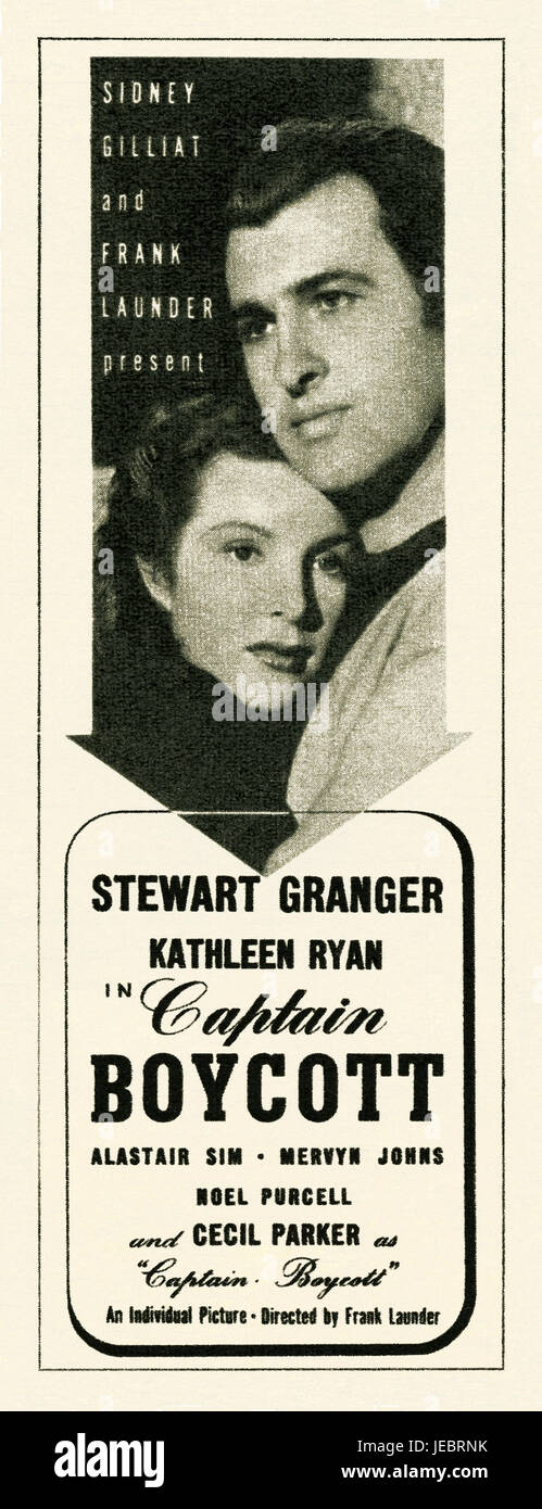 Eine Anzeige für den britischen Film "Captain Boykott" - erschien es in einer Zeitschrift veröffentlicht in Großbritannien im Jahre 1947. Kapitän-Boykott ist ein 1947 britisches Historiendrama Film unter der Regie von Frank Launder mit Stewart Granger und Kathleen Ryan Stockfoto