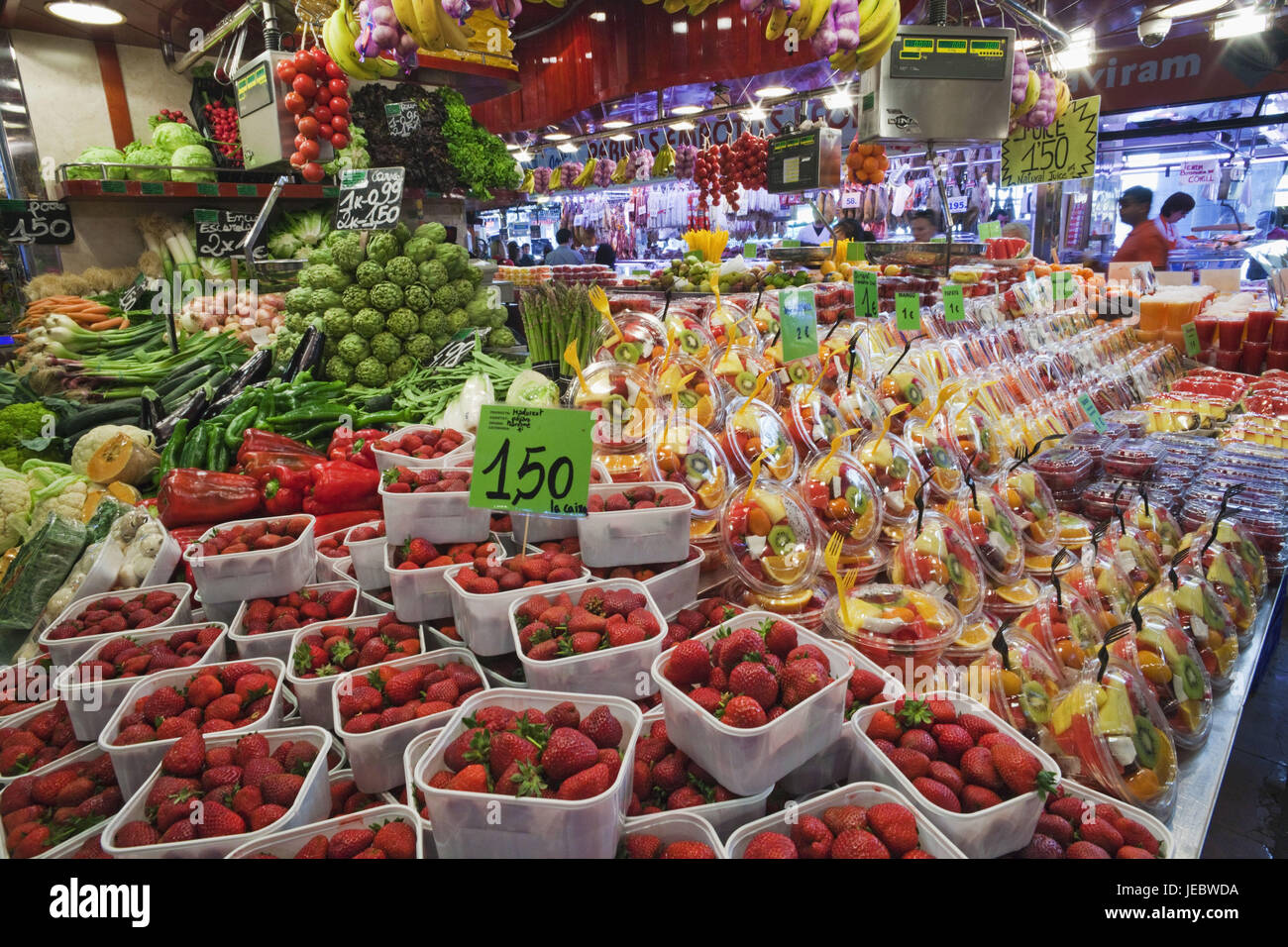 Spanien, Barcelona, Ramblas, Mercat La Boqueria, Stall Obst und Gemüse Zustand, Stockfoto