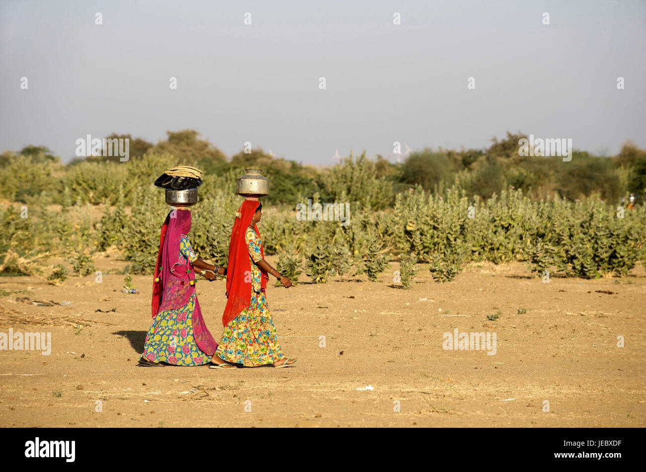 Indien, Rajasthan, Jaisalmer Region, Dorf Khuri, zwei Frauen auf dem Weg zum Brunnen, Stockfoto