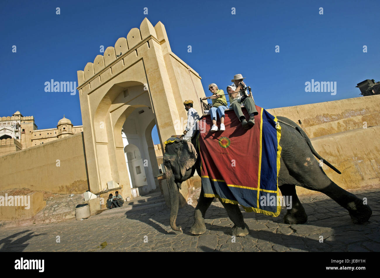 Indien, Rajasthan, Jaipur, Fort Ambra, Tourist auf Elefanten reiten, Stockfoto