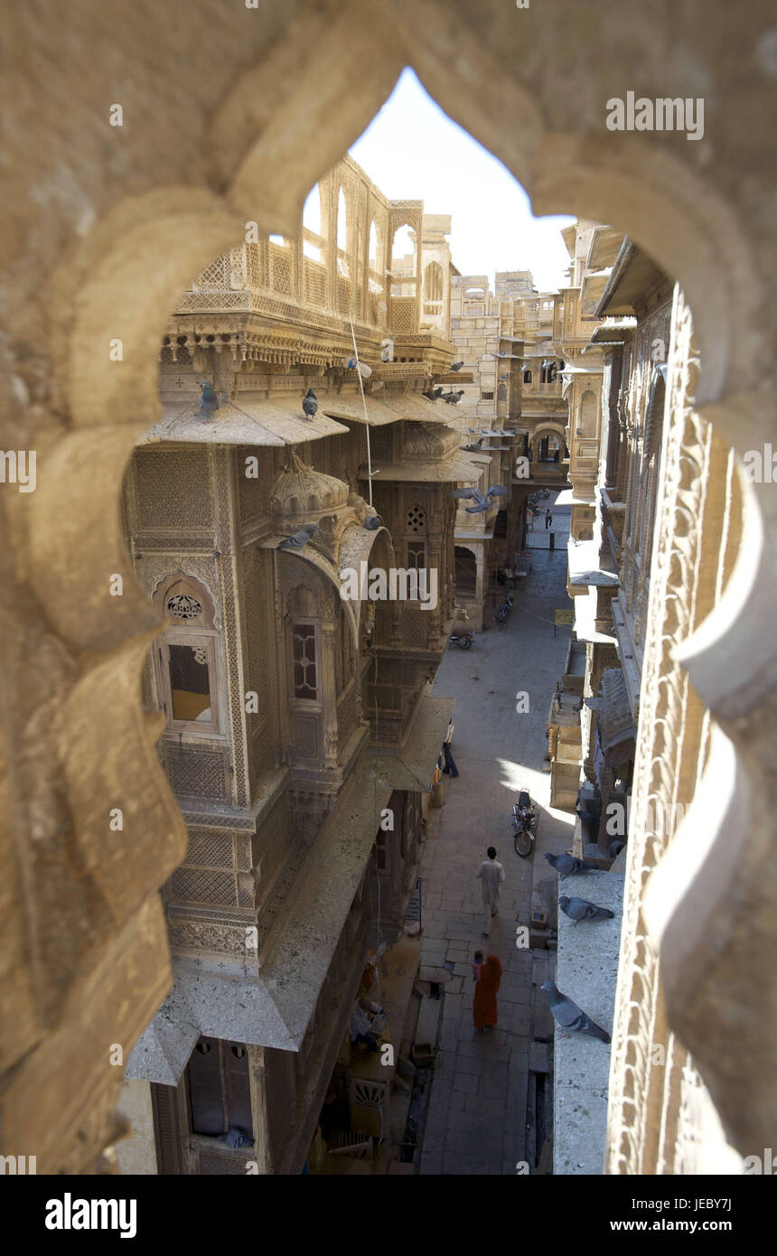 Patwah-Ki-Haveli, Jaisalmer, Rajasthan, Indien anzeigen in einer Gasse, Stockfoto