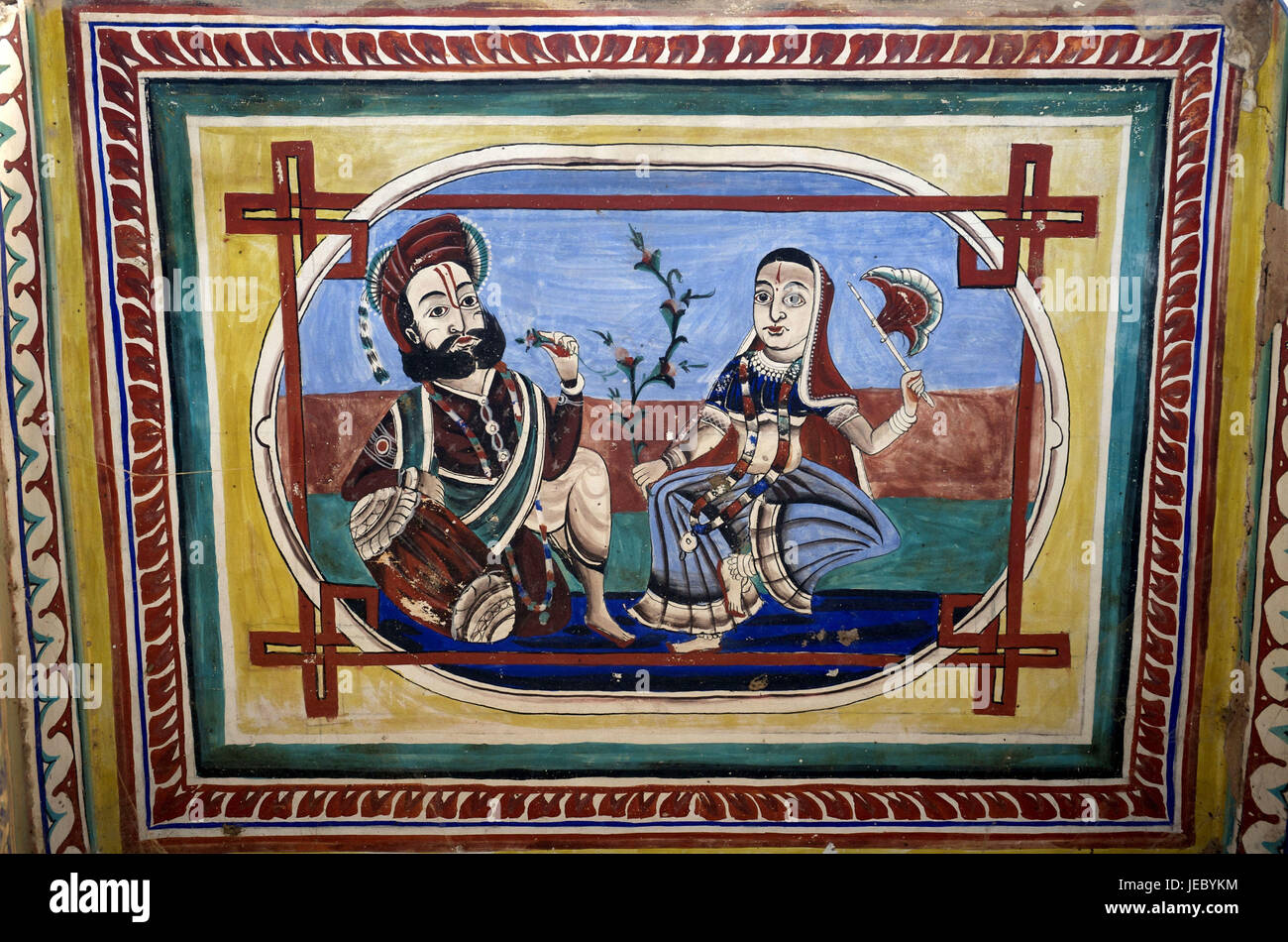 Indien, Rajasthan, Region Shekhawati, Nawalgar, Baghton-Ki-Haveli, Wandbild-Malerei, Stockfoto