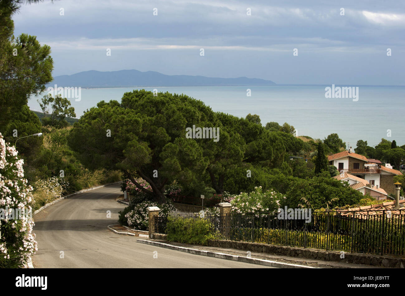 Italien, Toskana, La Maremma, Castiglione della Pescaia, Straße mit Gefälle, Meer im Hintergrund, Stockfoto