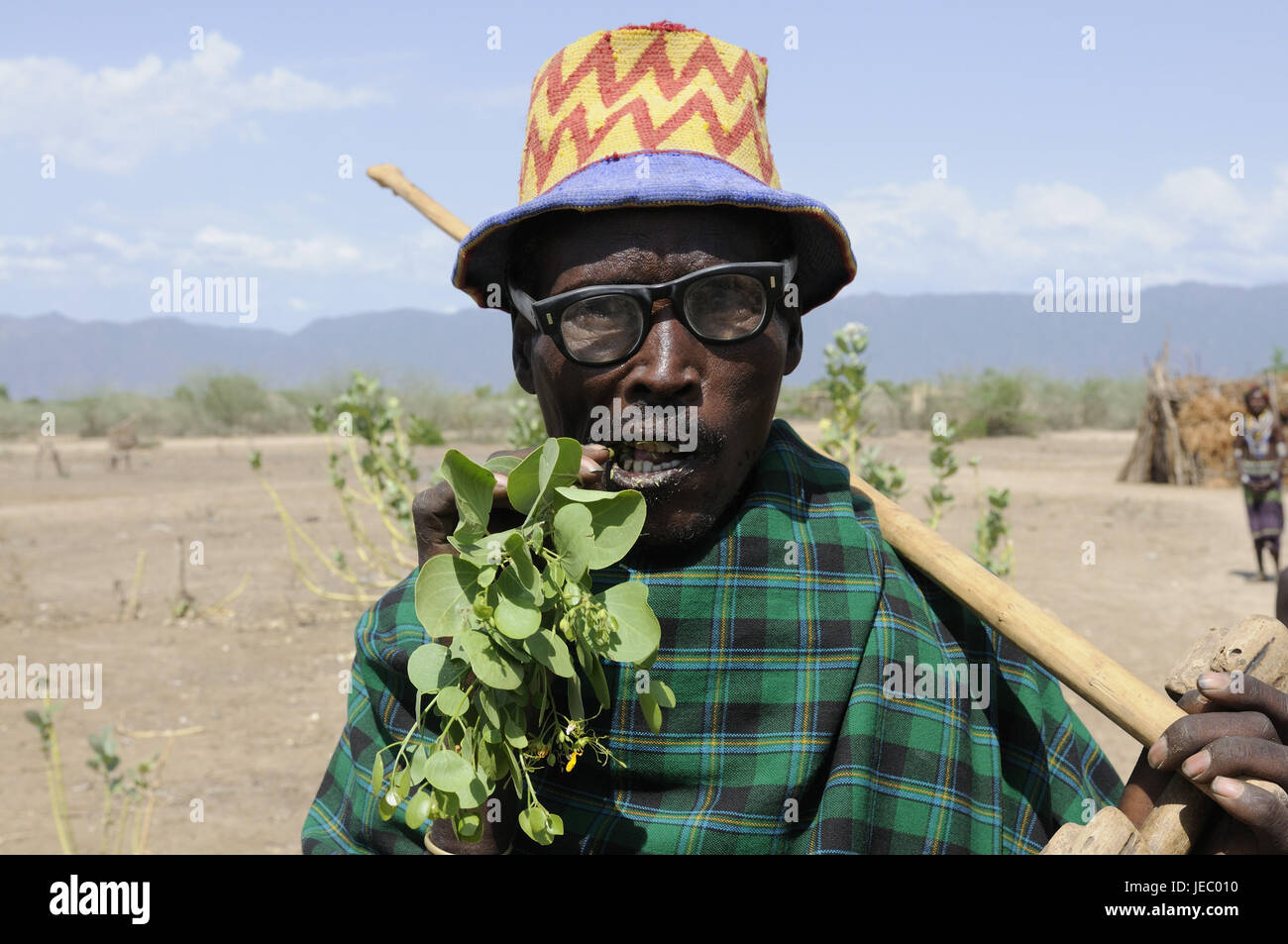 Mann, Brille, Pflege, Stamm Arbore, Zweig, kauen, Omotal, Äthiopien, Stockfoto