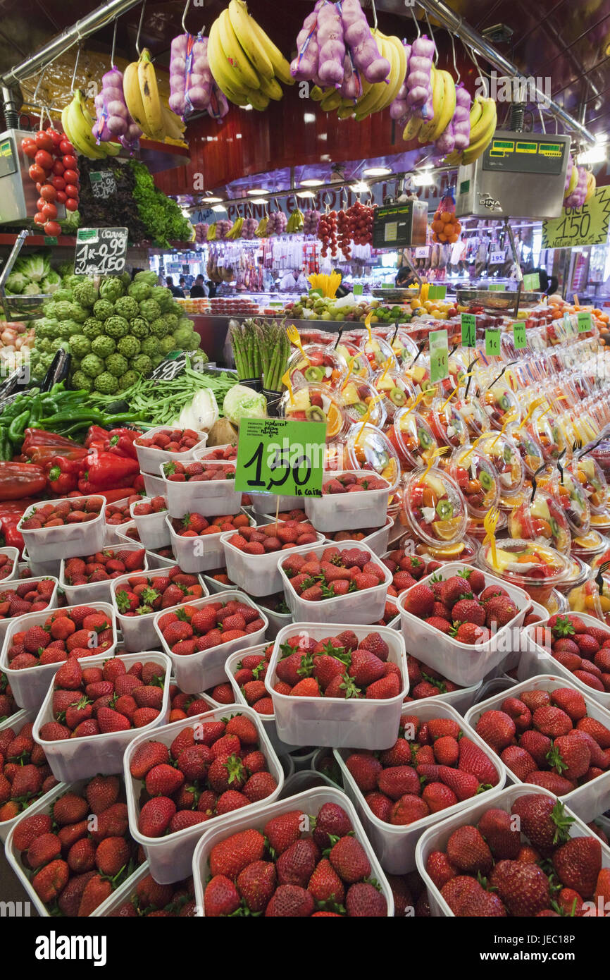 Spanien, Barcelona, Ramblas, Mercat La Boqueria, Stall Obst und Gemüse Zustand, Stockfoto
