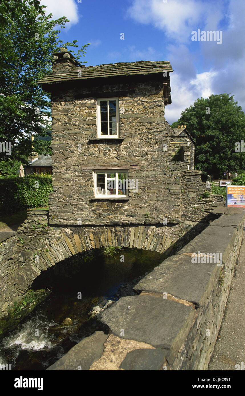 Großbritannien, England, Cumbria, Sole Ambleside, Bridge House, Europa, Bezirk, Stadt, Ort von Interesse, Ziel, Gebäude, Haus, Architektur, Brücke, Bach, Steinen, Fassade, Stein-Struktur Weg, historisch, Stockfoto
