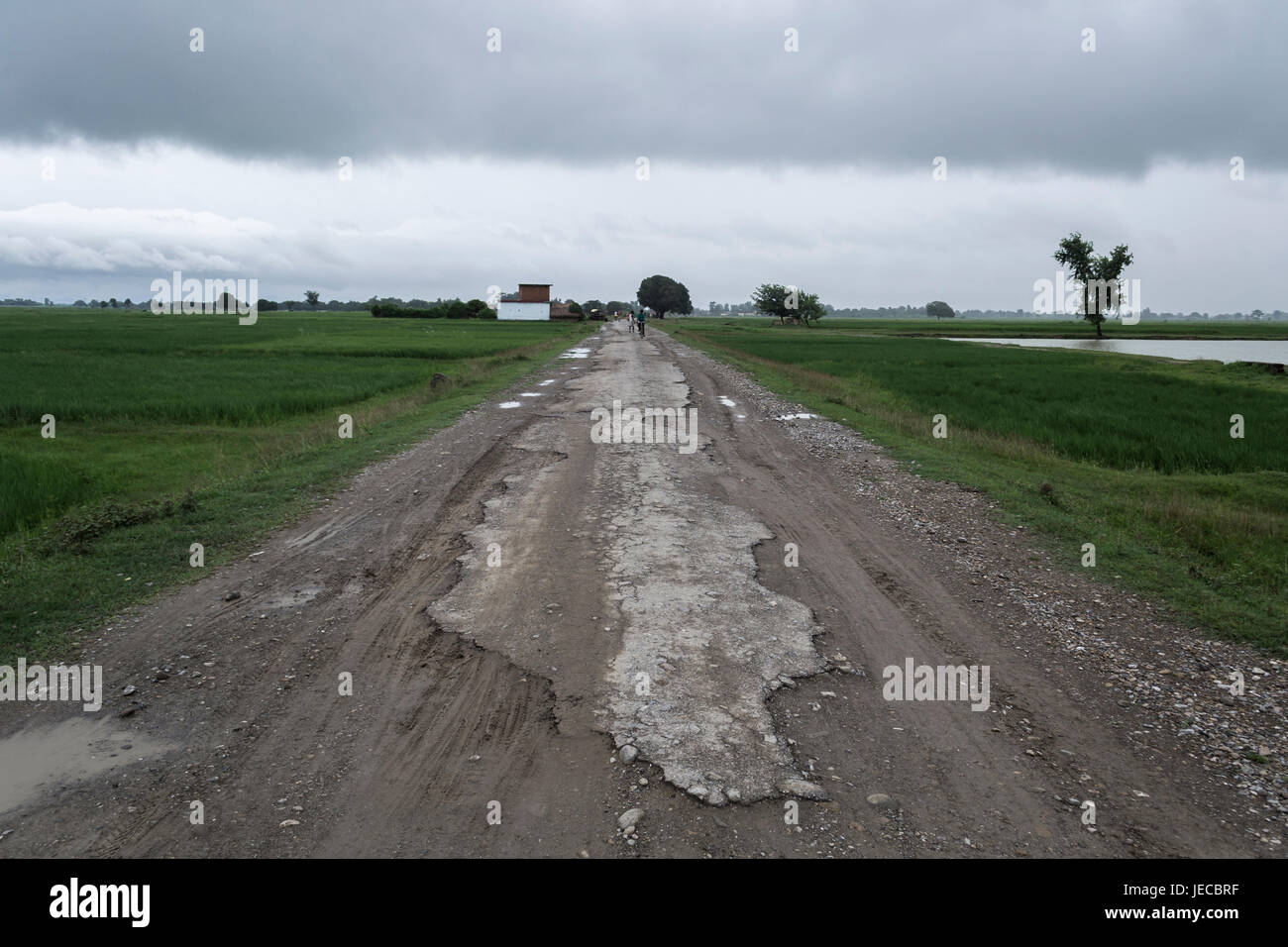 Bezirk Rupandehi, Nepal. Landstraße in desolaten Zustand Stockfoto