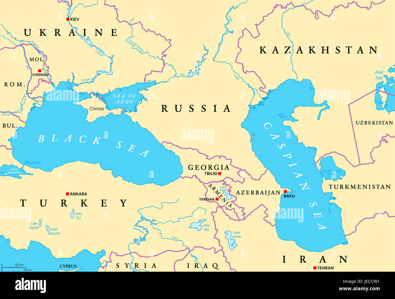 Schwarzen und Kaspischen Meer Region politische Karte mit Hauptstädten, Grenzen, Flüssen und Seen. Gewässer zwischen Osteuropa und Westasien. Stockfoto